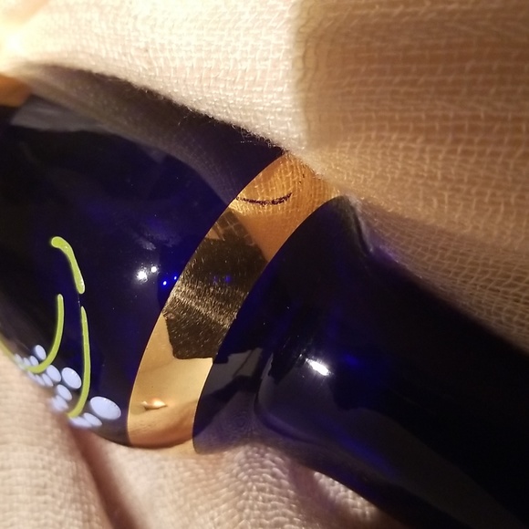 70s Vintage 24 Carat Gilded Venetian Cobalt Blue Blown Glass Bud Vase - Picture 16 of 17